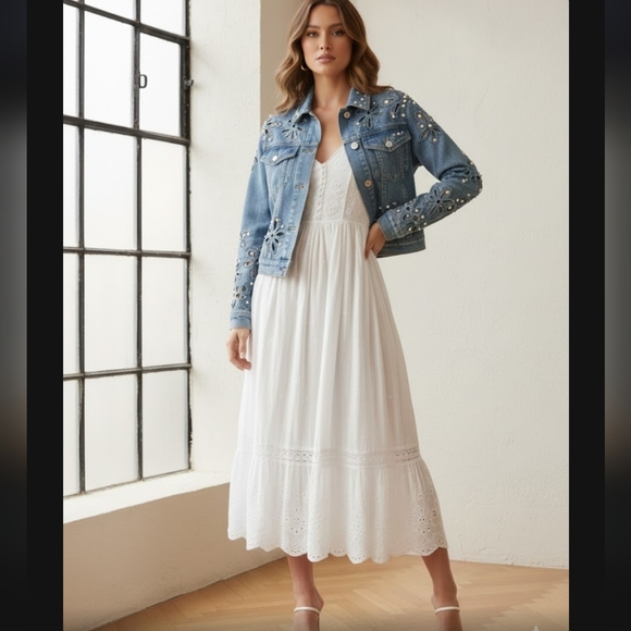 Jackets & Blazers - Blue Denim Jacket Oversized Cropped With Rhinstone And Crichet Applique